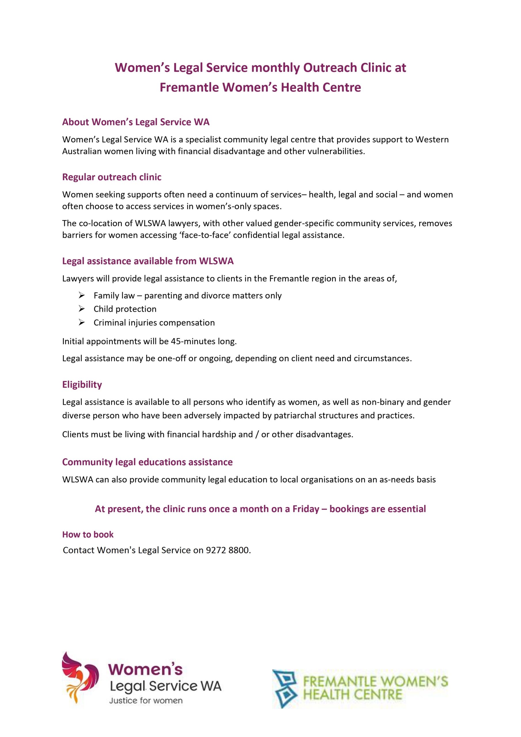Women’s Legal Service Outreach Clinic Fremantle Women's Health Centre